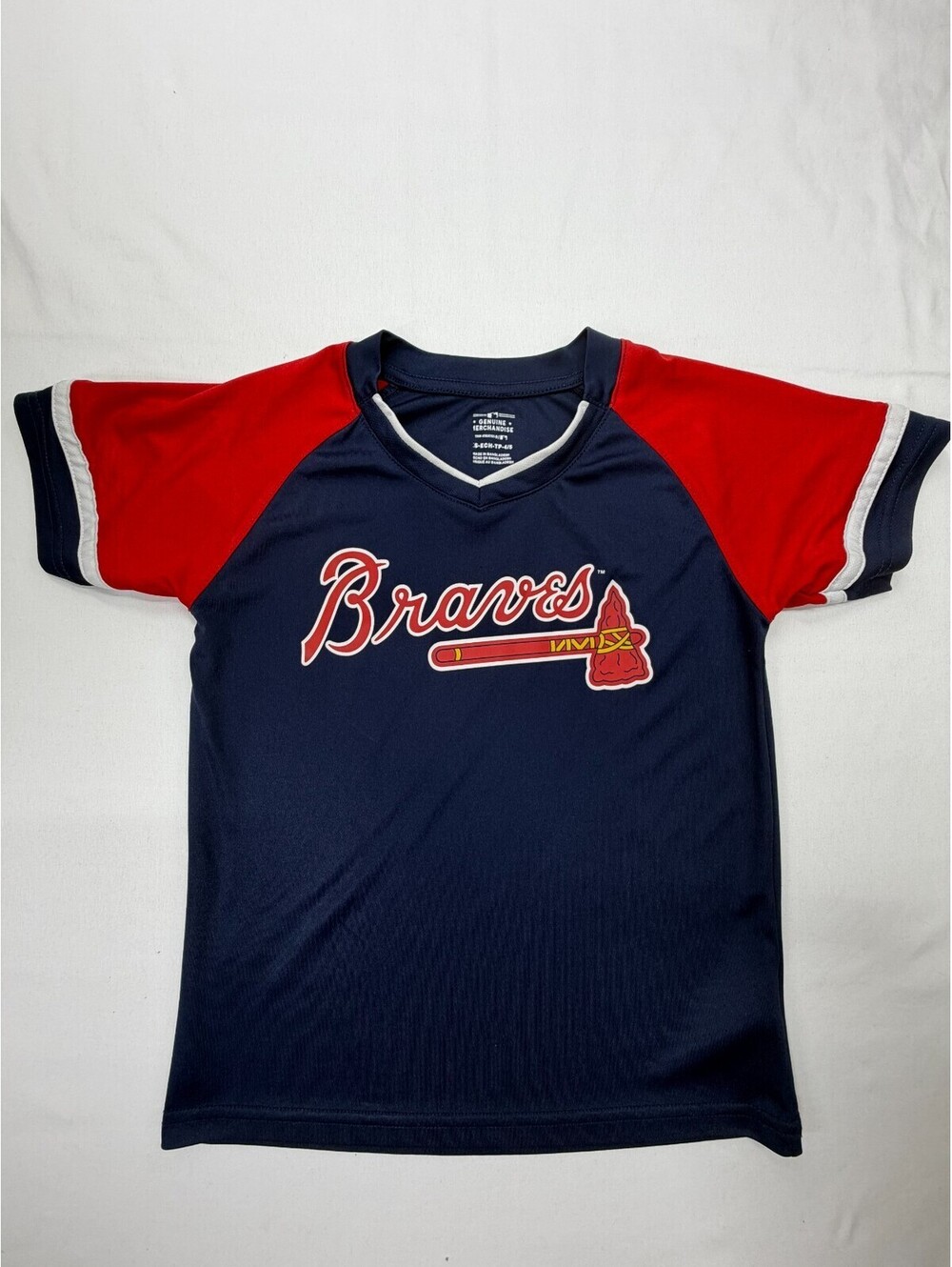 Genuine Merchandise Boy's Baseball Shirt Atlanta Braves V Neck Size XS 4/5 Blue